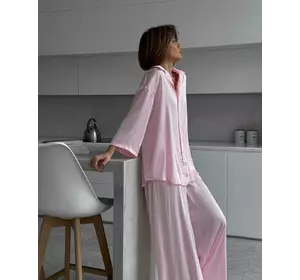 Шовковий домашній комфортний костюм (широкі штани + сорочка вільного крою) рожевий