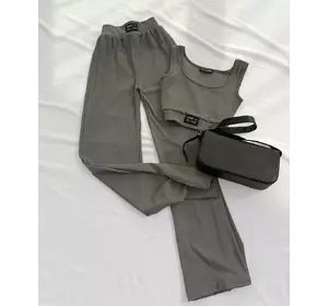 Базовий костюм (топ укорочений + штани вільного крою надвисокої посадки) темно-сірий