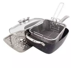 Сковорода-сотейник-фритюрниця з антипригарним мармуровим покриттям і з кришкою 24 см
