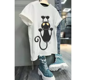 Женская футболка-туника с 3D накатом Кот белый