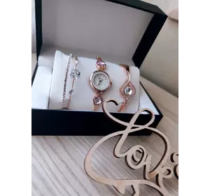 Подарочный набор часы с двумя браслетами DISU gold розовый цветок
