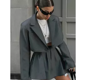 Костюм укороченный пиджак oversize с широкими плечами и юбка с имитацией карманов серый