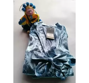 Велюровая пижама ТРОЙКА штаны, майка и халат НЕБЕСНО ГОЛУБОЙ
